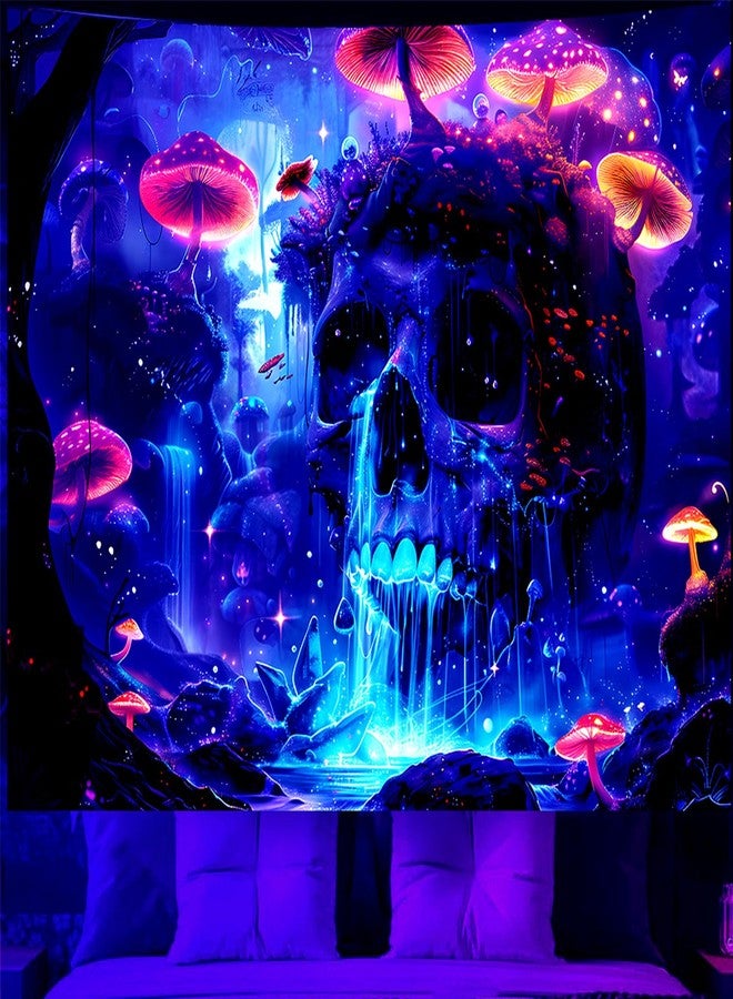 TUGCAY Blacklight Mushroom Skull Tapestry Skeleton Tapestry UV Reactive Waterfall Landscape Tapestries Glow in the Dark Horror Forest Tree Plant Wall Decor for Bedroom Living Room 51.2 x 59.1 inches - Image 1